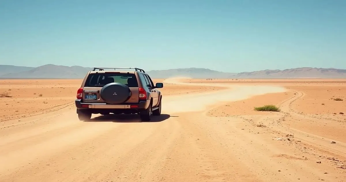 Car driving on desert road Morocco Sahara