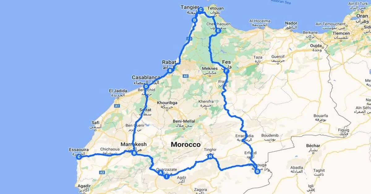 Illustrated Morocco map showing classic 14-day itinerary with icons: Marrakech → Essaouira → Ouarzazate → Desert → Fes → Chefchaouen, distances and travel times indicated 
